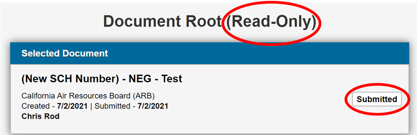 Screenshot of CEQA Submit Document Root page in read-only mode shows selected document with a label on the right side of the screen that reads 'Submitted'.