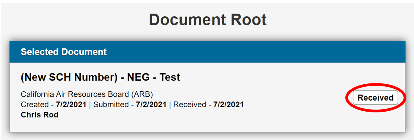 Screenshot of CEQA Submit Document Root page shows selected document with a label on the right side of the screen that reads 'Received'.