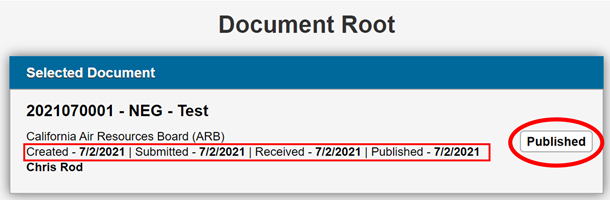 Screenshot of CEQA Submit Document Root page shows a selected document with a label on the right side of the screen that reads 'Published'. The bottom of the selected document listed the Created Date, Submitted Date, Received Date, and Published Date.