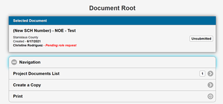 Screenshot of CEQA Submit Document root page showing the Navigation tab expanded; within this tab, there are three subtabs: Project Documents List, Create a Copy, and Print.